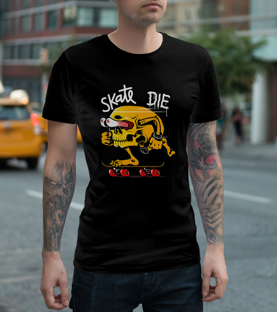 Skate Or Die Thrill-Seeking Skull on Skateboard T-Shirt