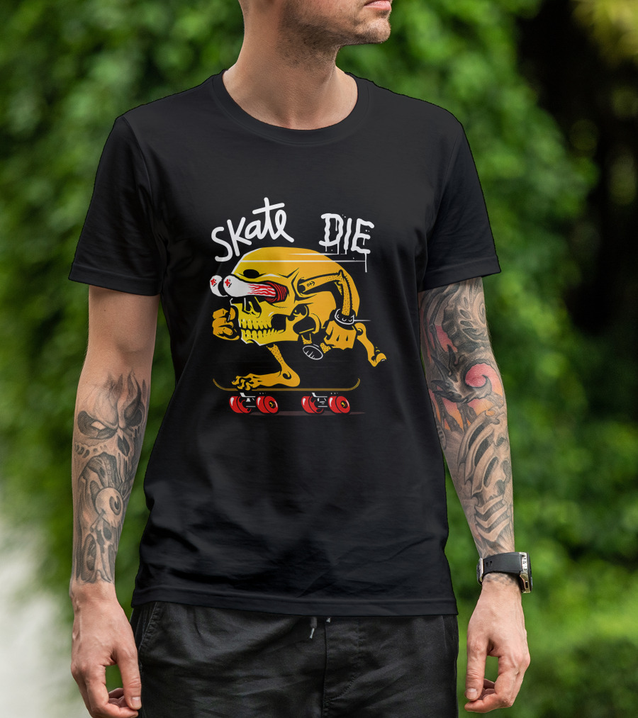 Skate Or Die Thrill-Seeking Skull On Skateboard T-Shirt