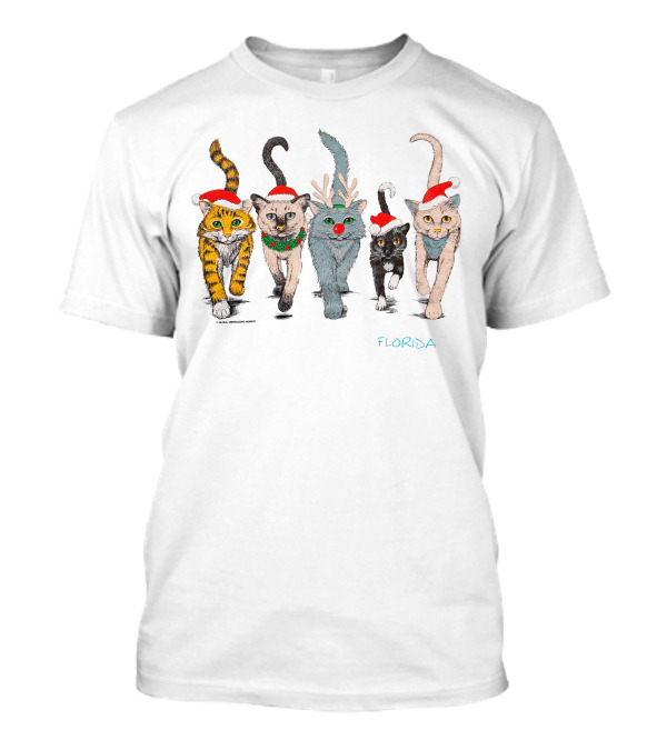Festive Florida 90s Christmas Cats Holiday Santa Hats And Reindeer Antlers T-Shirt