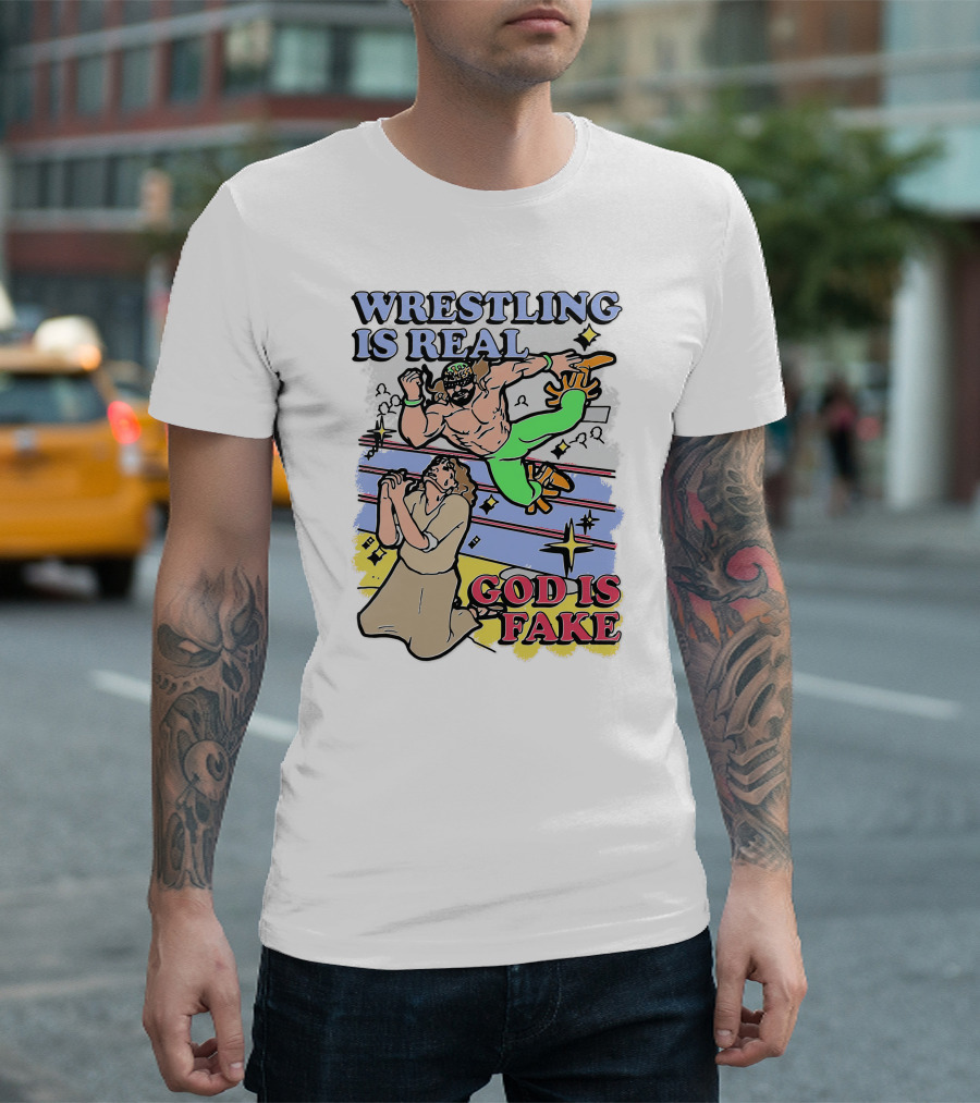 Wrestling Is Real God Is Fake Comic Style Wrestling Match with Spectators T-Shirt