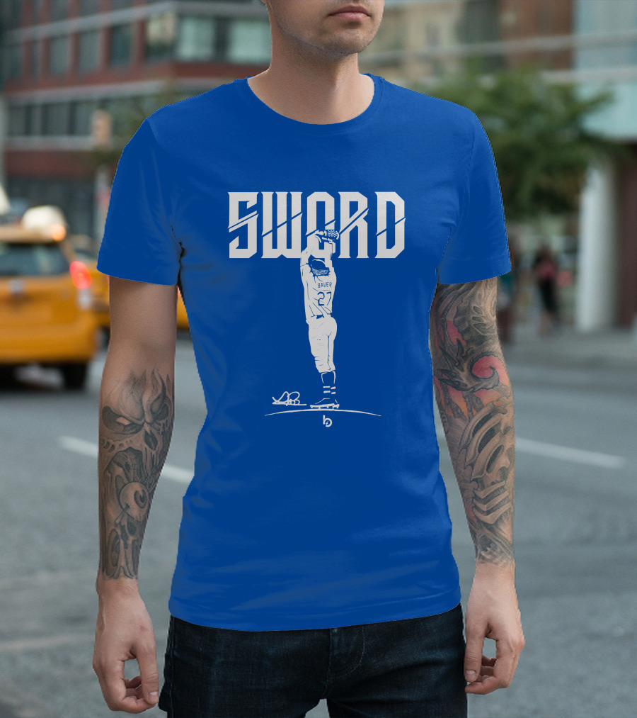 SWORD Trevor Bauer 27 Baseball Visual Blue T-Shirt