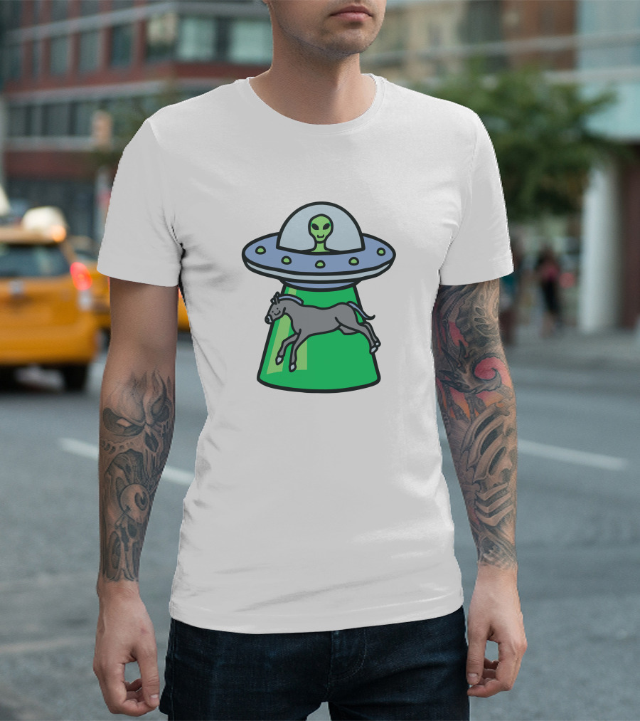Alex's Stupid Studio Alien Lime UFO Abducting Horse T-Shirt