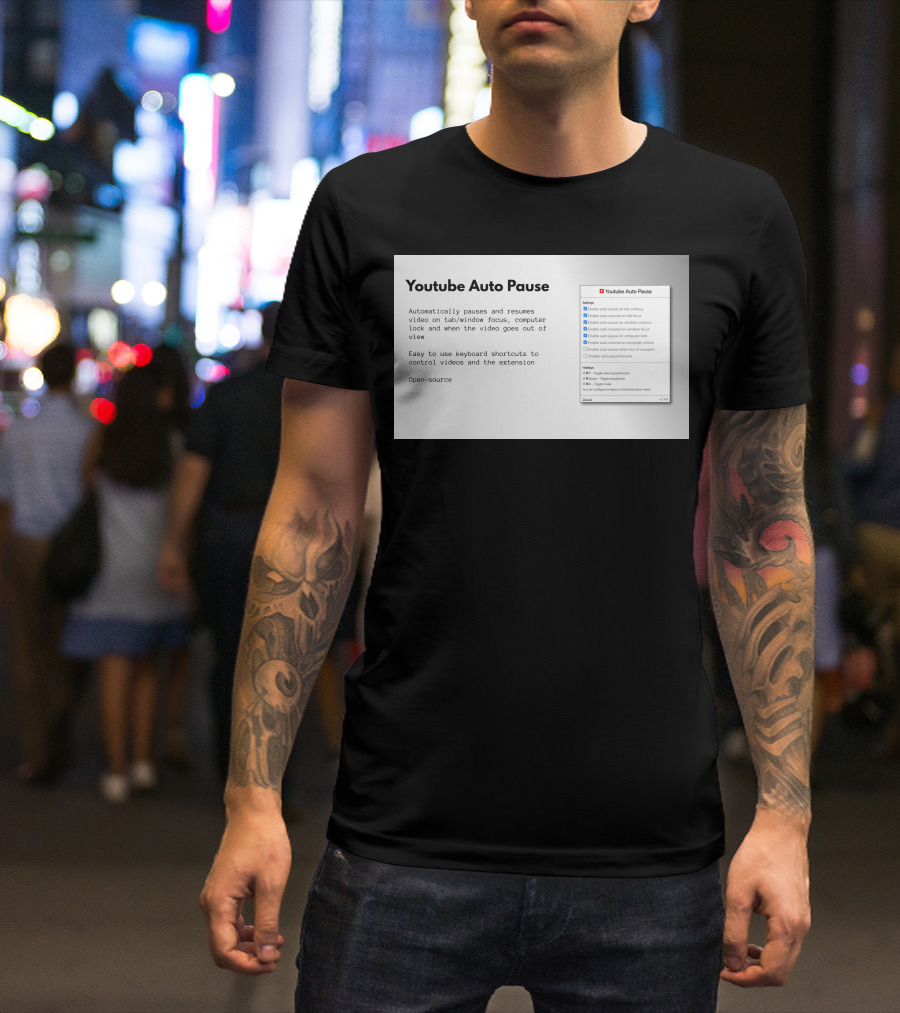 Youtube Auto Pause Extension Open-Source Control Settings T-Shirt