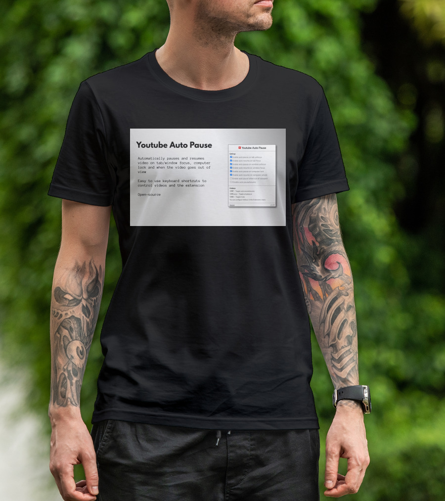 Youtube Auto Pause Extension Open-Source Control Settings T-Shirt