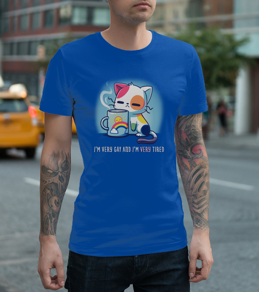 I'm Very Gay And I'm Very Tired Cat with Coffee and Rainbow Sun Cup T-Shirt