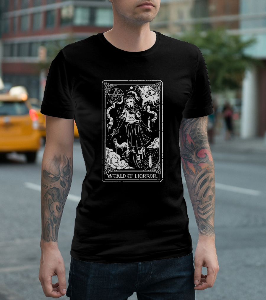 World Of Horror Ominous Tarot Card Art with Skeleton Ghosts and Moon T-Shirt