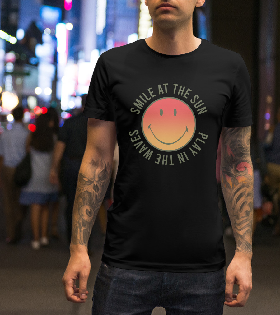 Smile At The Sun Play In The Waves Sunset Gradient Smiley Face T-Shirt