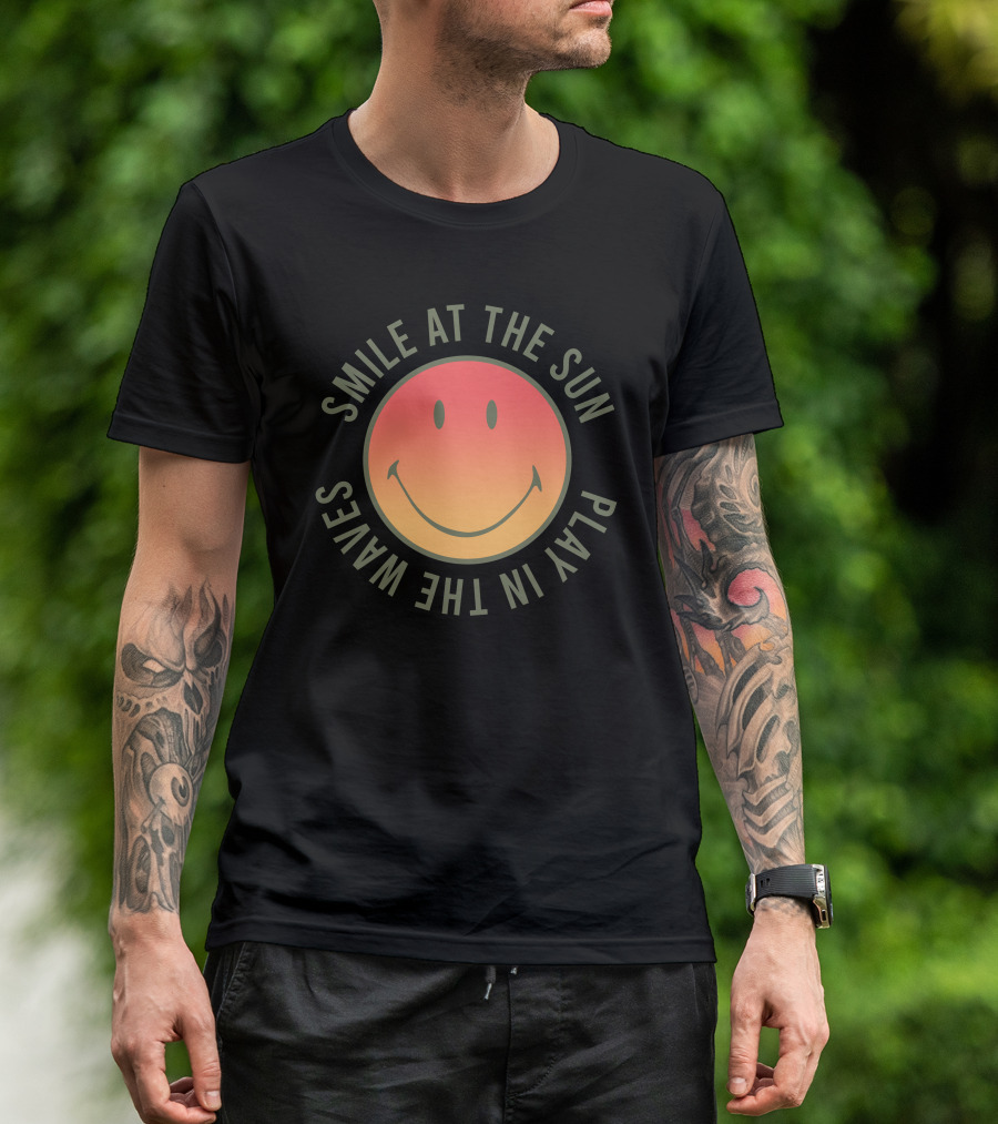 Smile At The Sun Play In The Waves Sunset Gradient Smiley Face T-Shirt