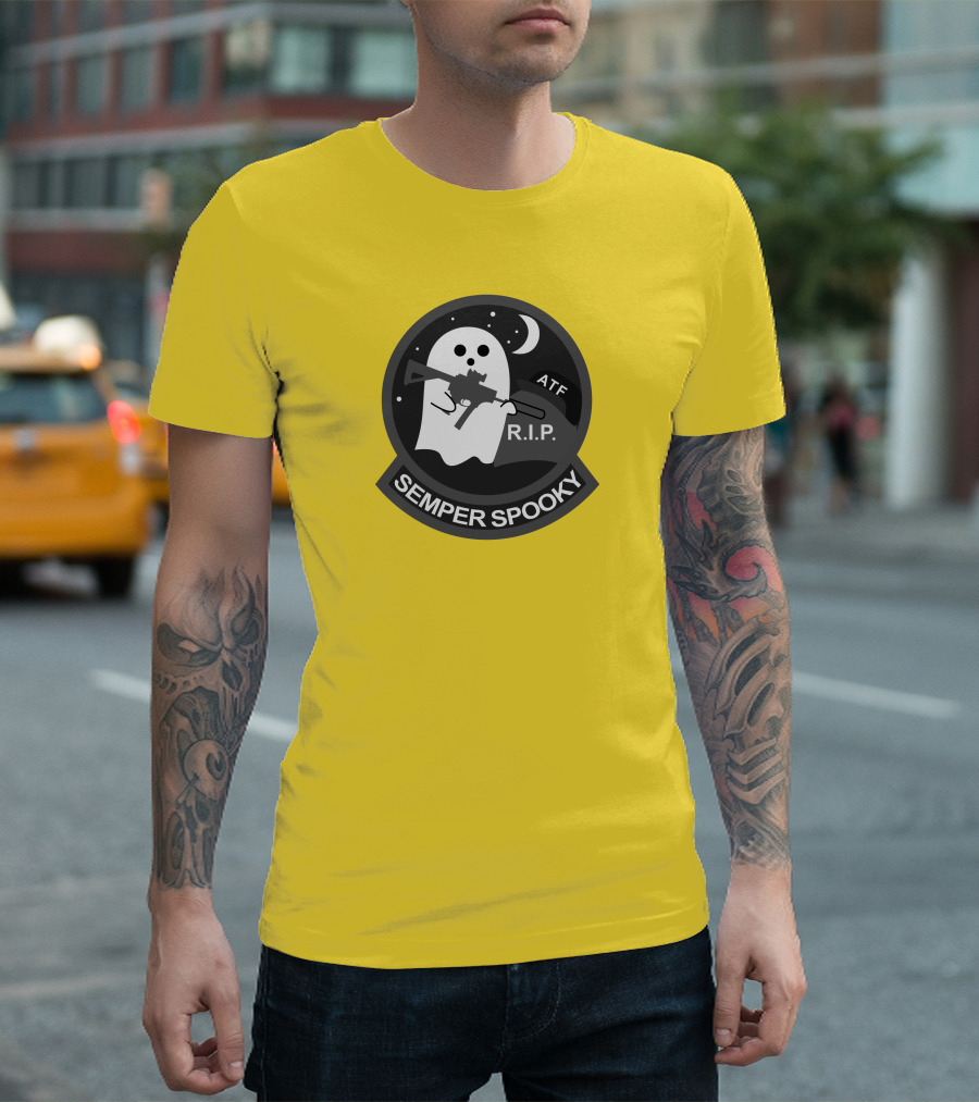 Semper Spooky Ghost with ATF Rifle and RIP Moon Badge T-Shirt