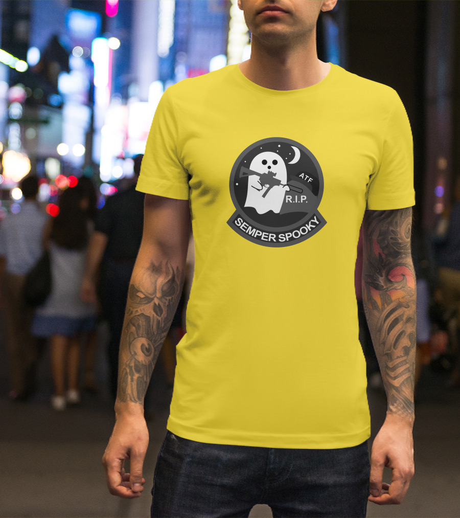 Semper Spooky Ghost With ATF Rifle And RIP Moon Badge T-Shirt