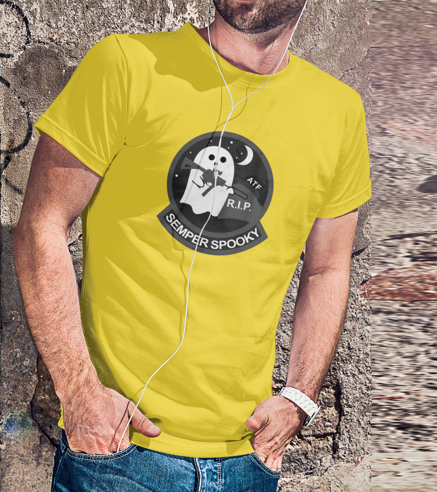 Semper Spooky Ghost With ATF Rifle And RIP Moon Badge T-Shirt