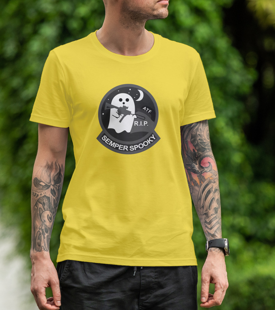 Semper Spooky Ghost With ATF Rifle And RIP Moon Badge T-Shirt