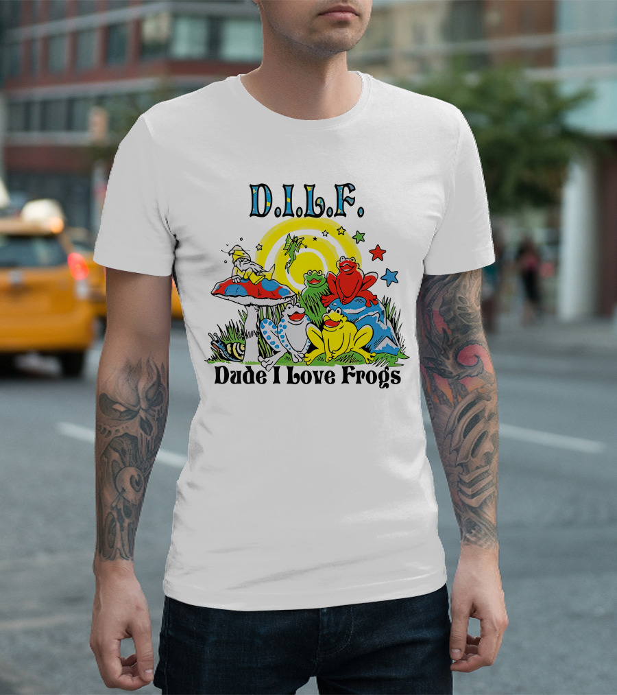 D.I.L.F. Dude I Love Frogs Colorful Frog Scene With Stars And Mushrooms T-Shirt