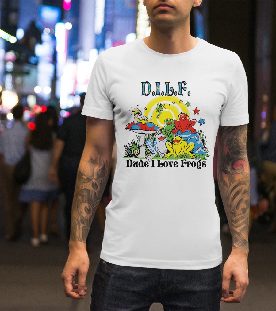 D.I.L.F. Dude I Love Frogs Colorful Frog Scene With Stars And Mushrooms T-Shirt