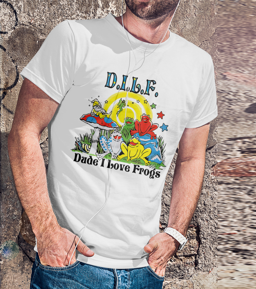 D.I.L.F. Dude I Love Frogs Colorful Frog Scene With Stars And Mushrooms T-Shirt