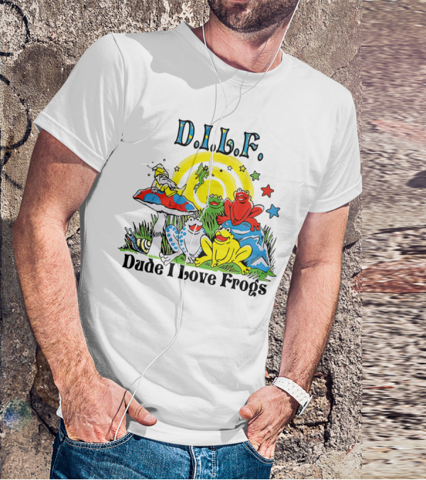 D.I.L.F. Dude I Love Frogs Colorful Frog Scene With Stars And Mushrooms T-Shirt