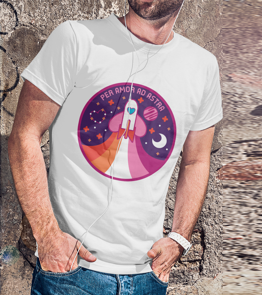Per Amor Ad Astra Space Pride Lesbian Flag Rocket Heart Planet Moon T-Shirt