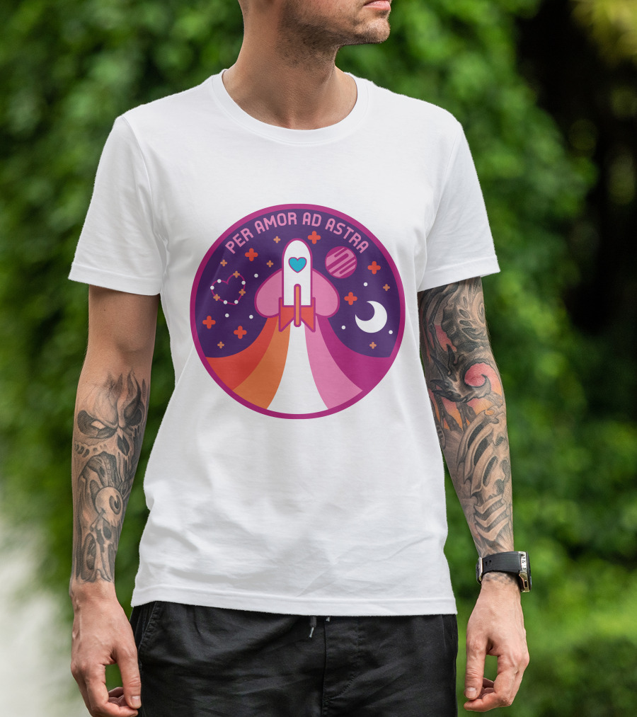 Per Amor Ad Astra Space Pride Lesbian Flag Rocket Heart Planet Moon T-Shirt