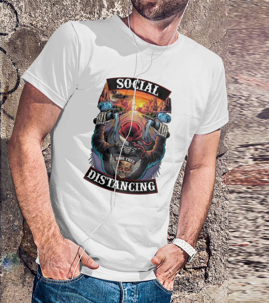 Social Distancing Ride Free Biker Skull Chicano Crew Motorcycle T-Shirt