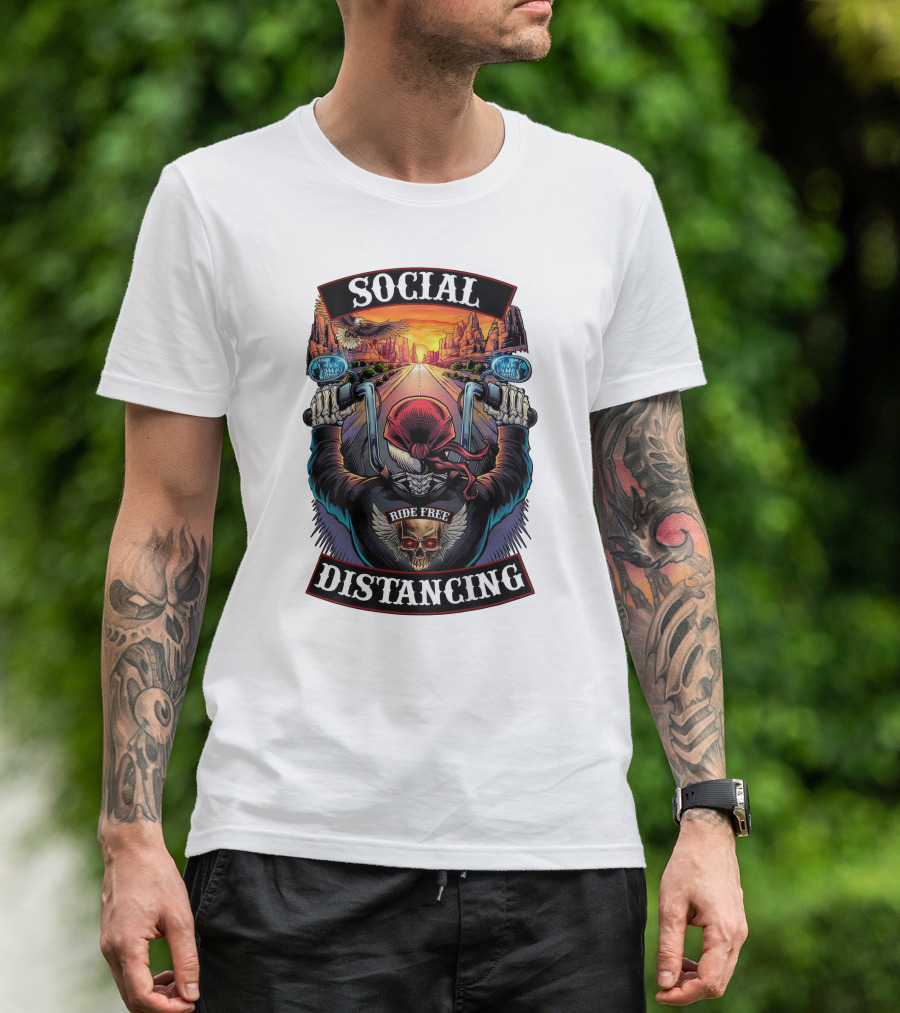 Social Distancing Ride Free Biker Skull Chicano Crew Motorcycle T-Shirt