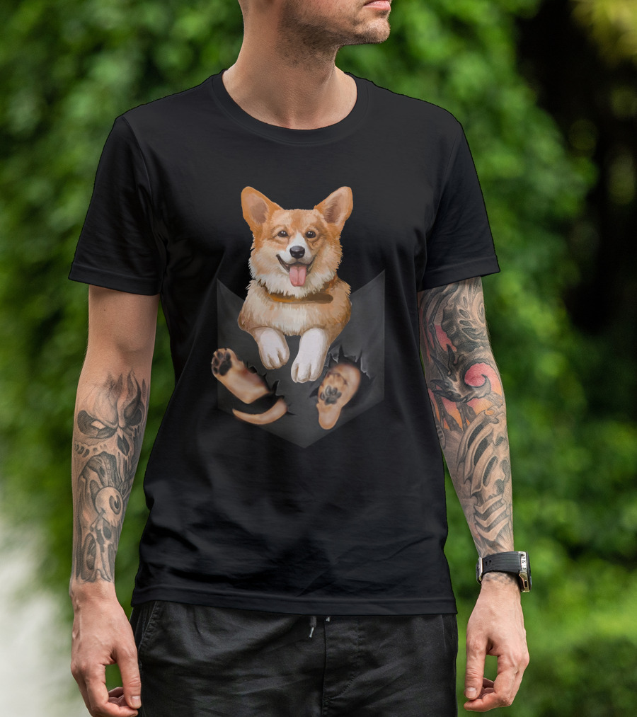 Playful Corgi Dog Peeking From Pocket With Paws Visible T-Shirt