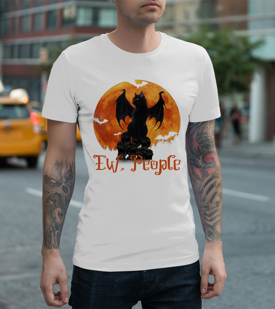 Ew People Black Cat with Bat Wings Halloween Orange Moon T-Shirt