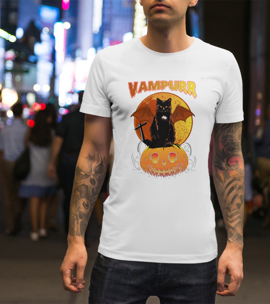 Vampurr Black Cat With Bat Wings And Pumpkin Halloween T-Shirt