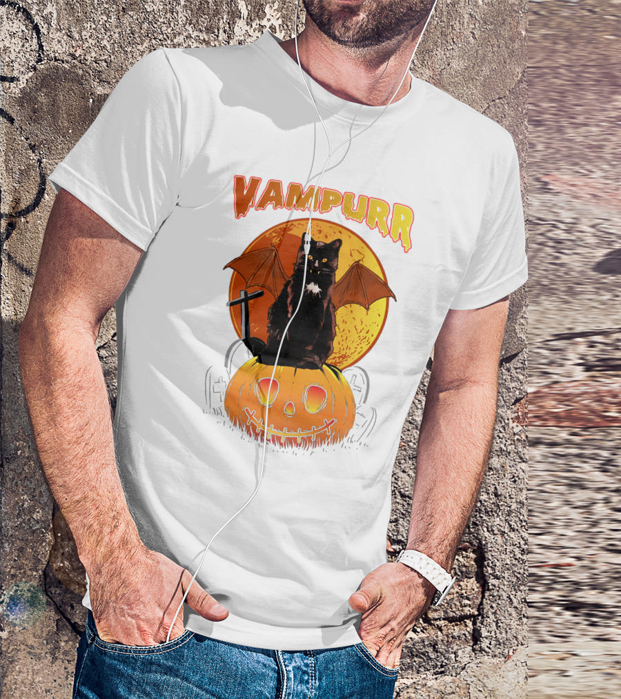 Vampurr Black Cat With Bat Wings And Pumpkin Halloween T-Shirt