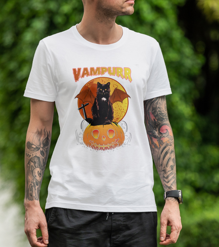 Vampurr Black Cat With Bat Wings And Pumpkin Halloween T-Shirt