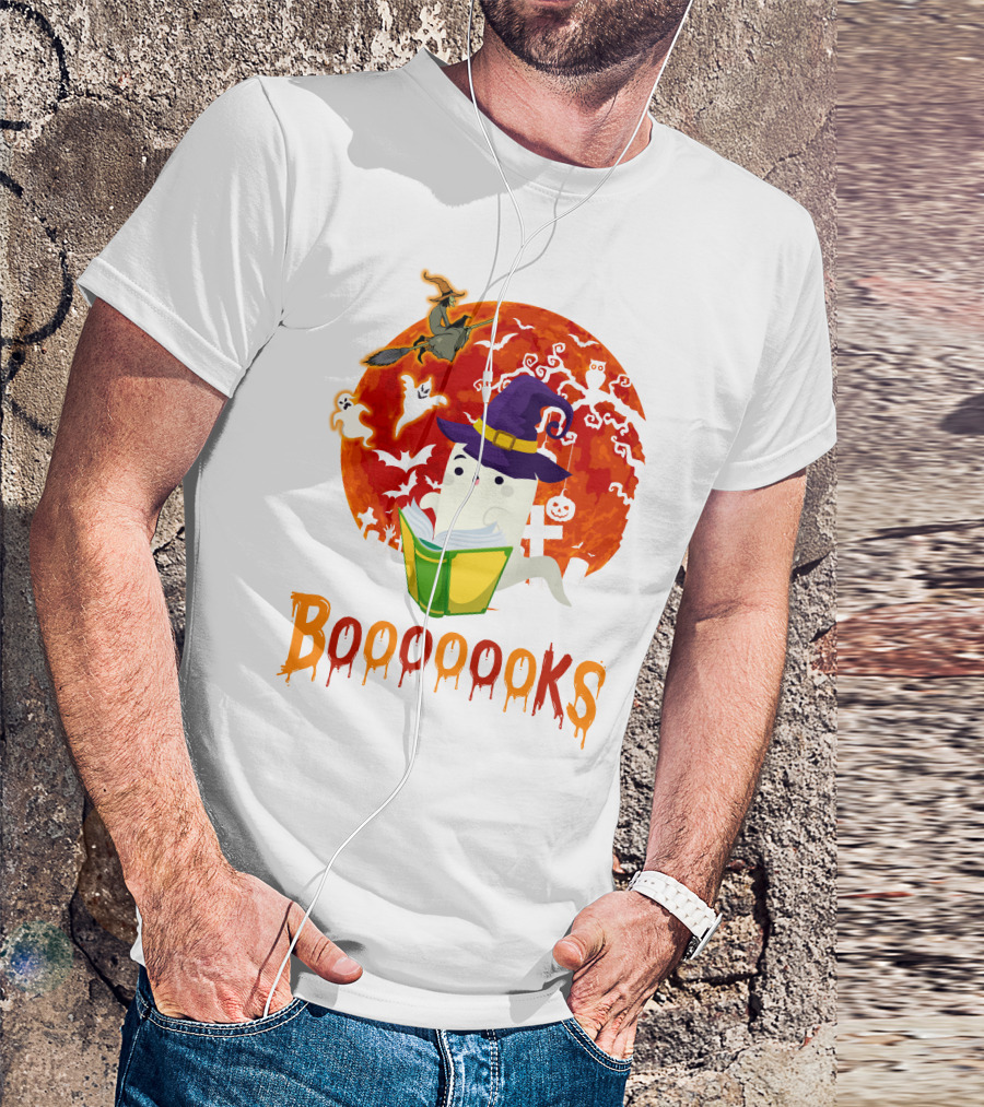 BOOOOOOKS Ghost Reading Witch Hat Halloween Scene T-Shirt