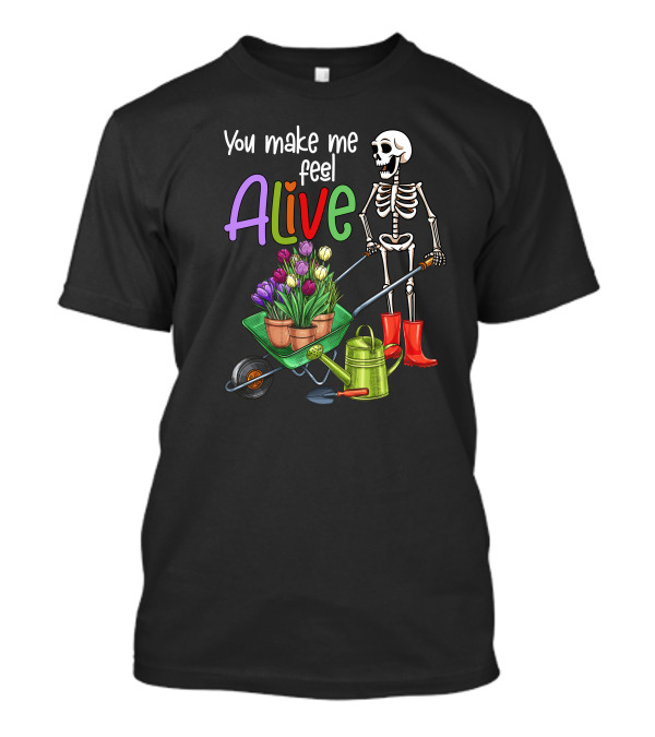 Alive Gardening Farmer Skeleton With Tulips And Watering Can T-Shirt
