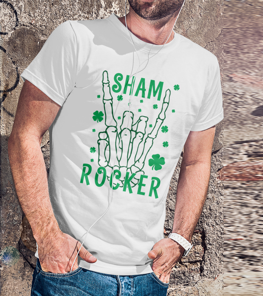 SHAM ROCKER Skeleton Hand With Shamrocks T-Shirt