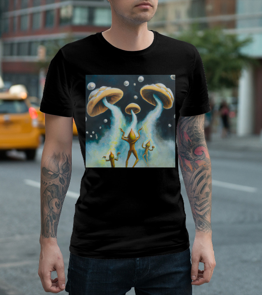 Style The Arrival of Leman Alien Cosmic Encounter with Mushroom UFOs T-Shirt