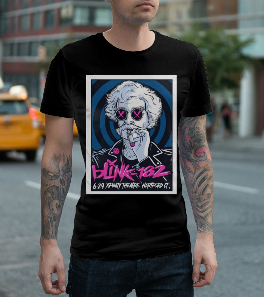 Blink-182 6-29 Xfinity Theatre Hartford CT Smoking Figure with Pink Crossed Out Eyes in Blue Spiral Background T-Shirt