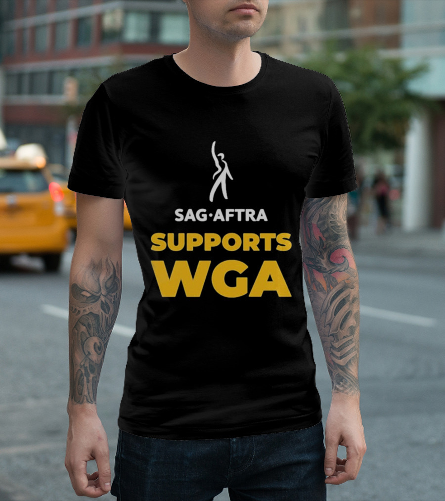 SAG-AFTRA Supports WGA Bold Logo with Iconic Figure T-Shirt
