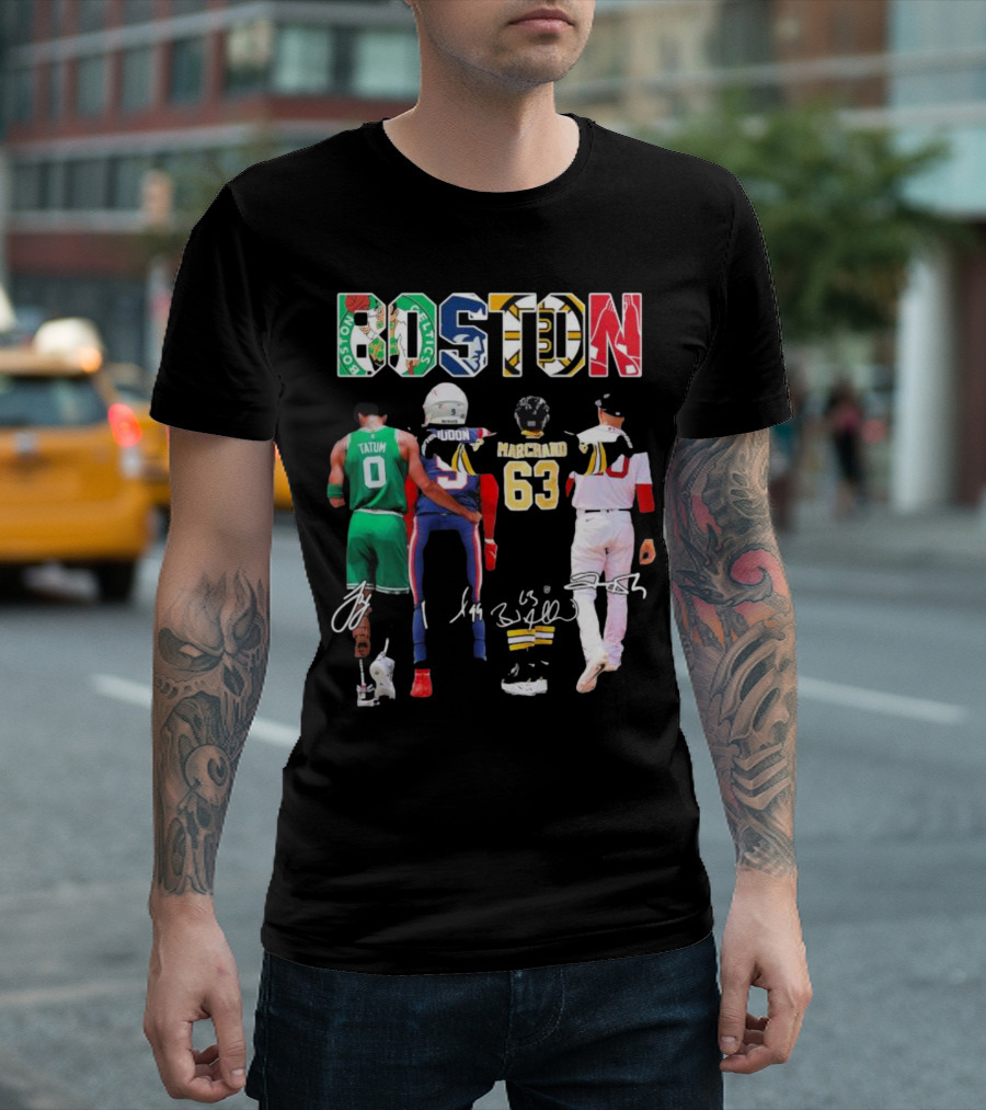 Boston Celtics Patriots Bruins Red Sox Tatum Iddon Marchand Signatures T-Shirt