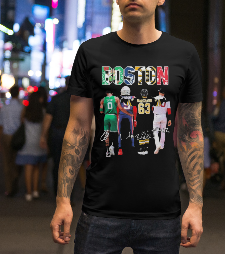 Boston Celtics Patriots Bruins Red Sox Tatum Iddon Marchand Signatures T-Shirt
