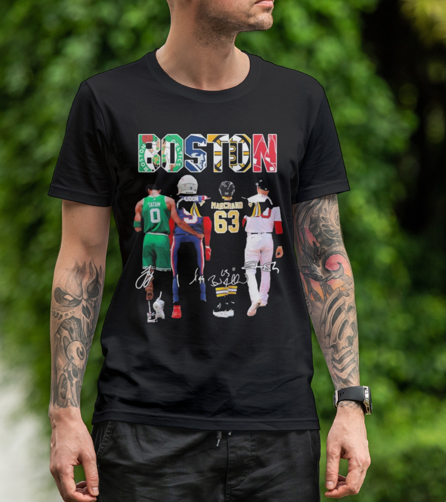 Boston Celtics Patriots Bruins Red Sox Tatum Iddon Marchand Signatures T-Shirt