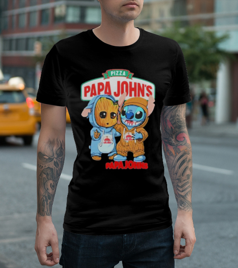 Papa John's Pizza with Groot and Stitch Characters T-Shirt