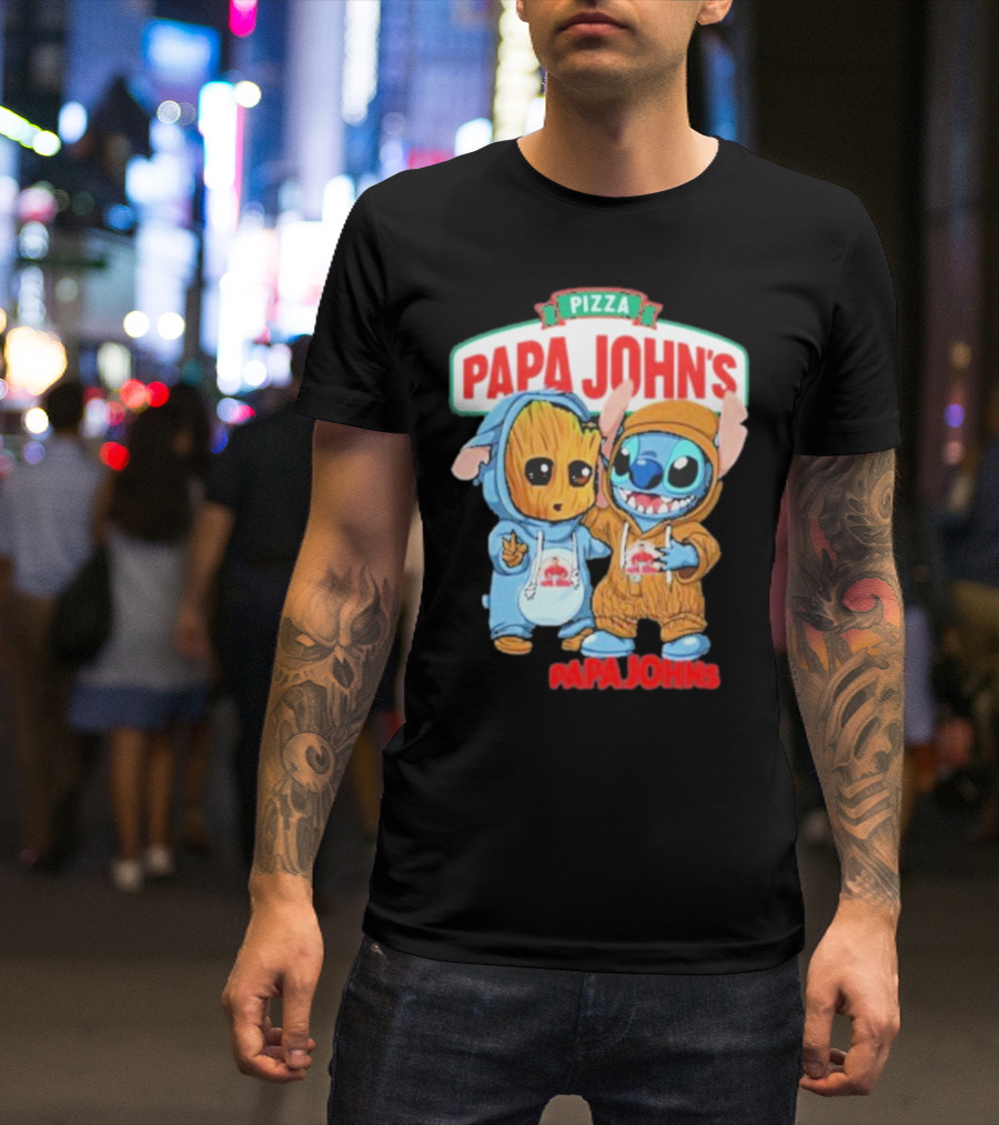 Papa John's Pizza With Groot And Stitch Characters T-Shirt