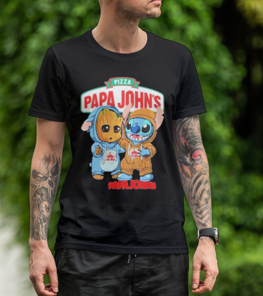 Papa John's Pizza With Groot And Stitch Characters T-Shirt