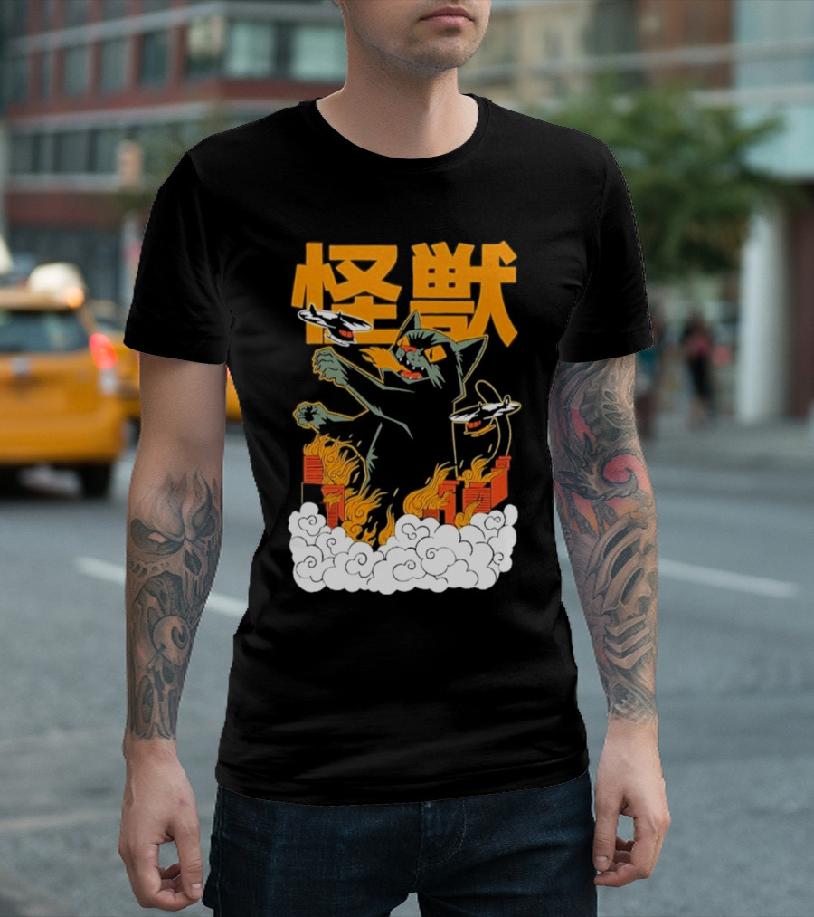 Kaiju No 8 Monster Cat Attack With Helicopters And Flames T-Shirt