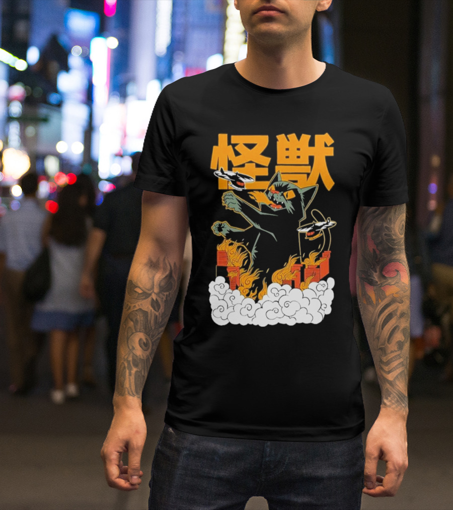 Kaiju No 8 Monster Cat Attack With Helicopters And Flames T-Shirt
