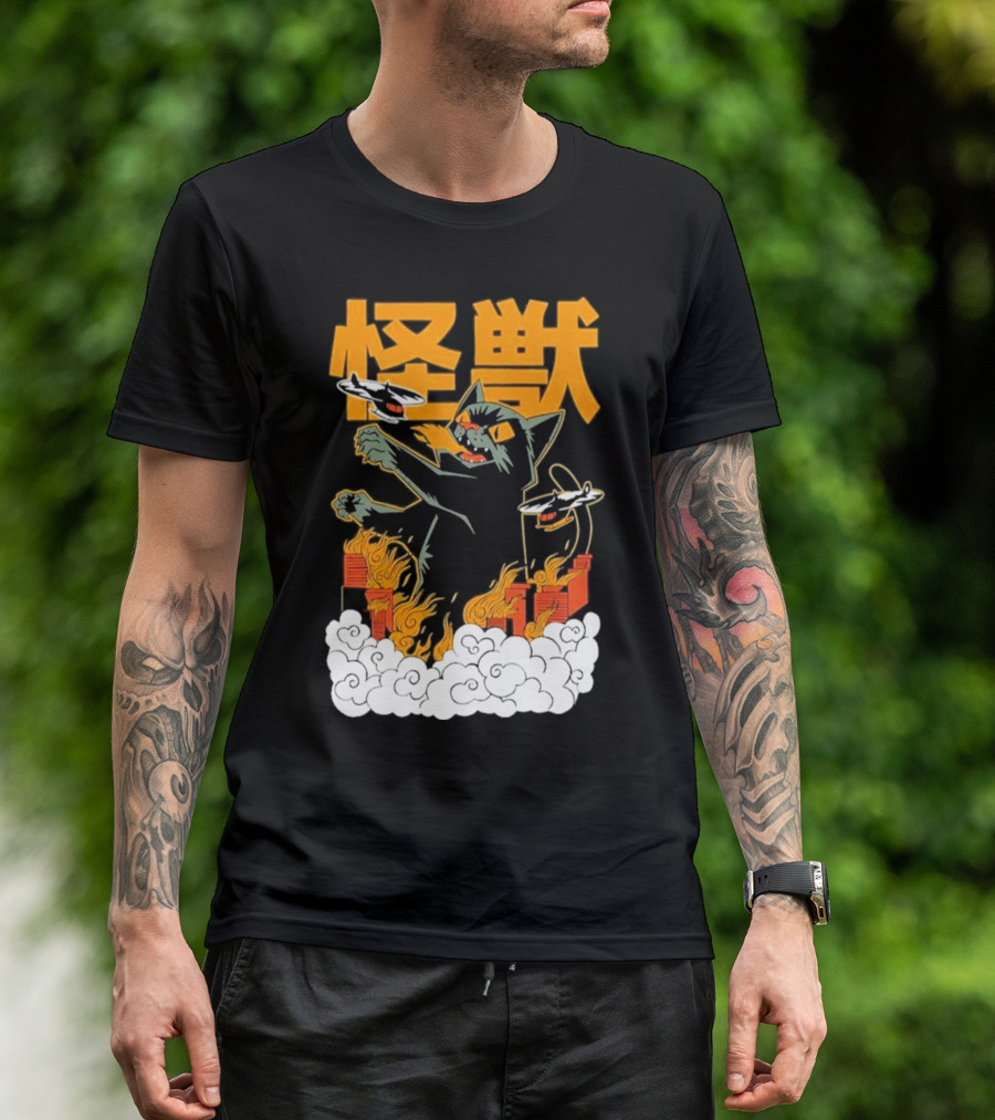 Kaiju No 8 Monster Cat Attack With Helicopters And Flames T-Shirt