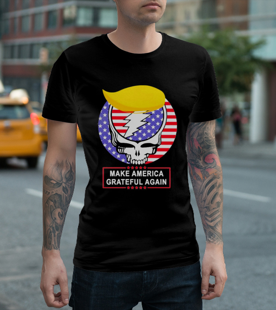 Make America Grateful Again Skull with Lightning Bolt and Flag T-Shirt