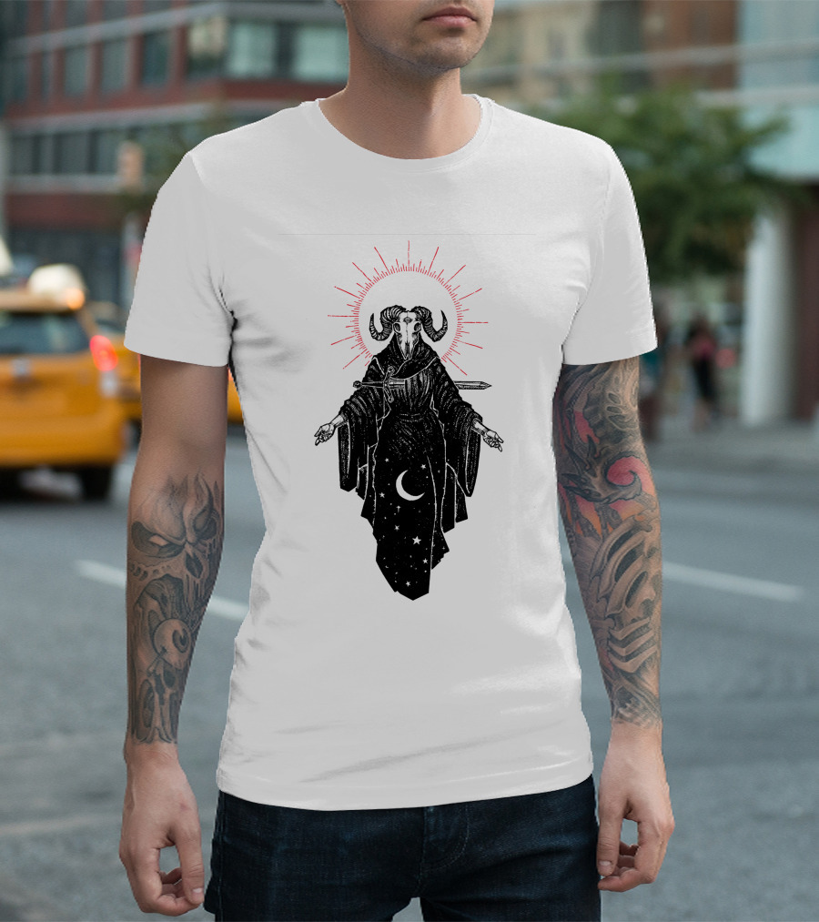 Micah Ulrich The Queen of Swords Tarot Horned Figure Red Halo Crescent Moon Stars T-Shirt