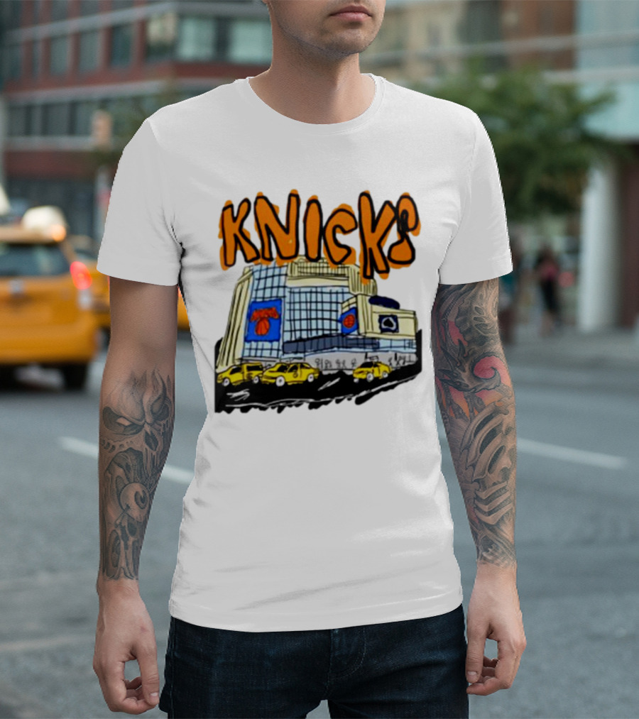 Knicks New York City Taxi Sketch with Arena Background T-Shirt