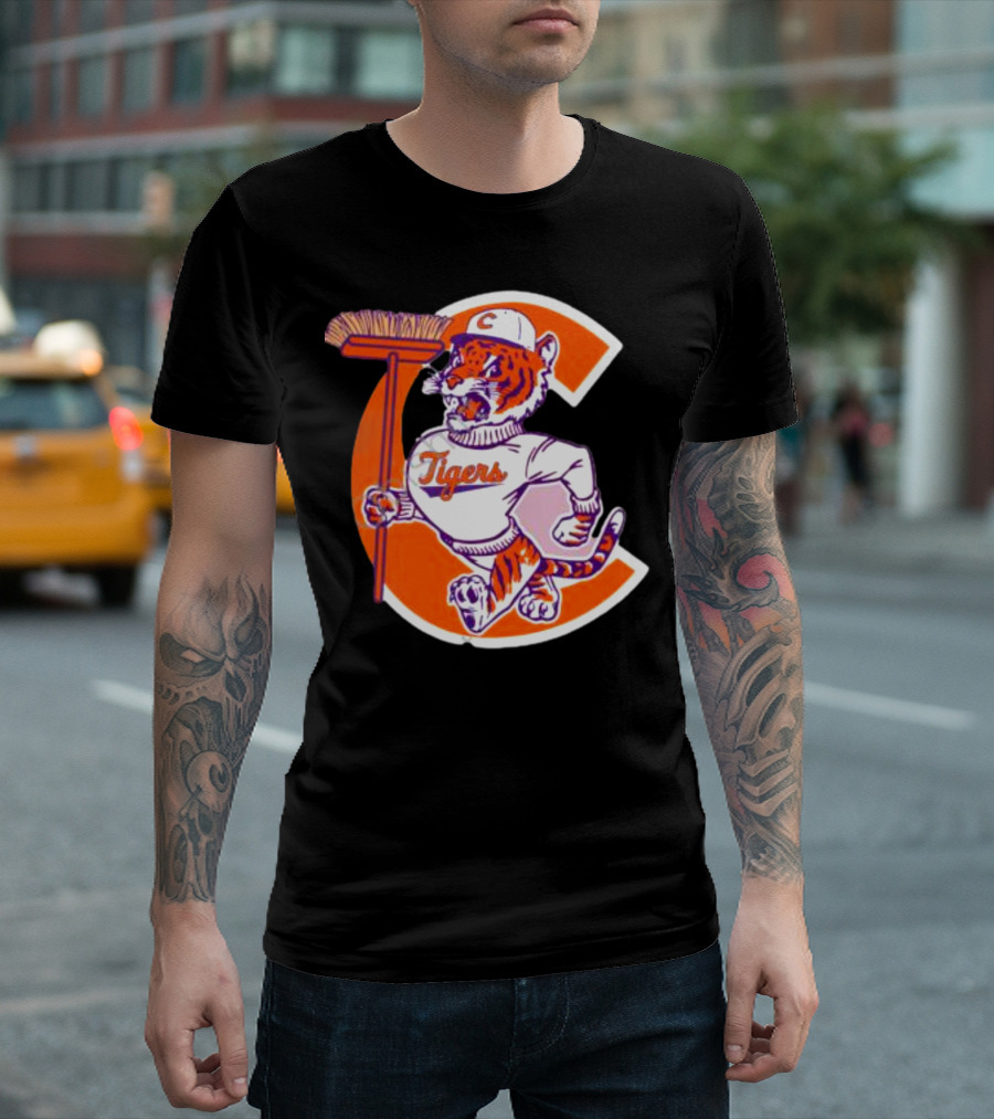 Clemson Tigers Vintage Logo with Broom and Letter C T-Shirt