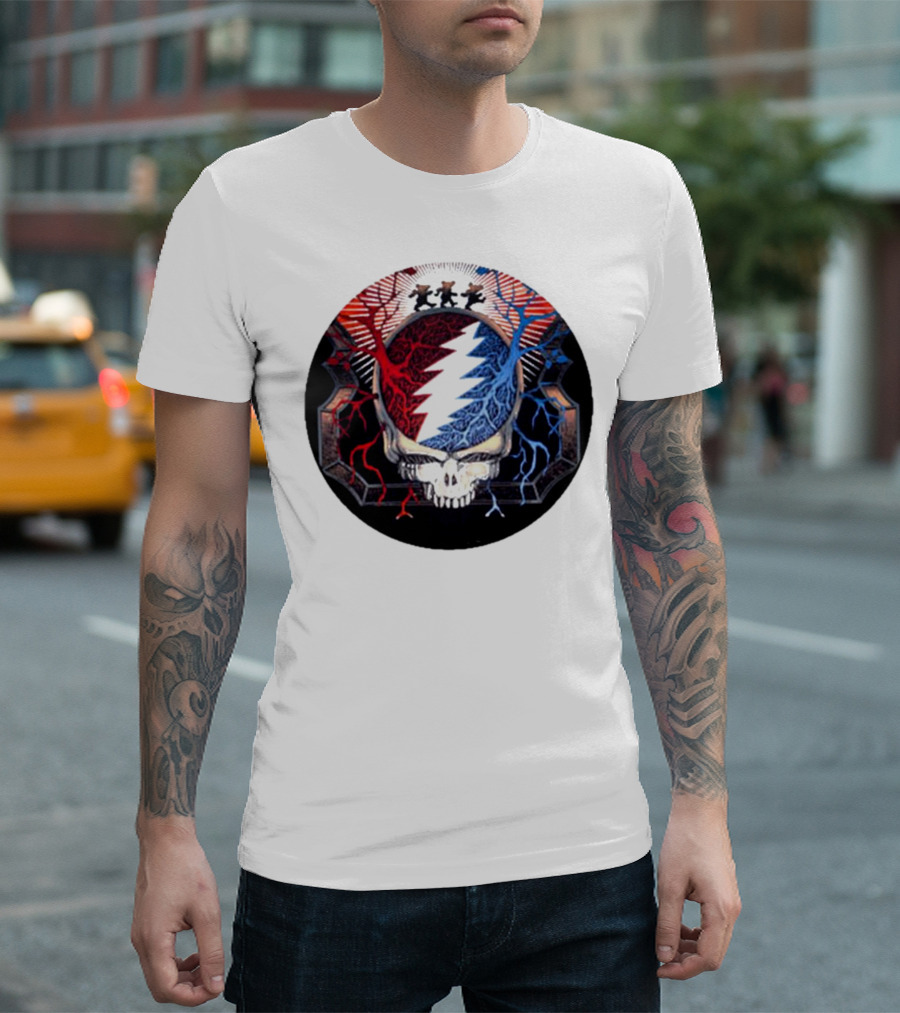 Grateful Dead Skull with Red and Blue Lightning Bear Trio T-Shirt