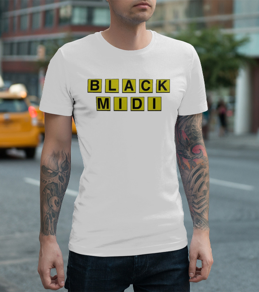 Black Midi Waffle House Black Yellow Block Letters T-Shirt
